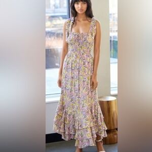Yumi Kim.                      Pink Floral Ruffle Maxi Dress with Tie Straps